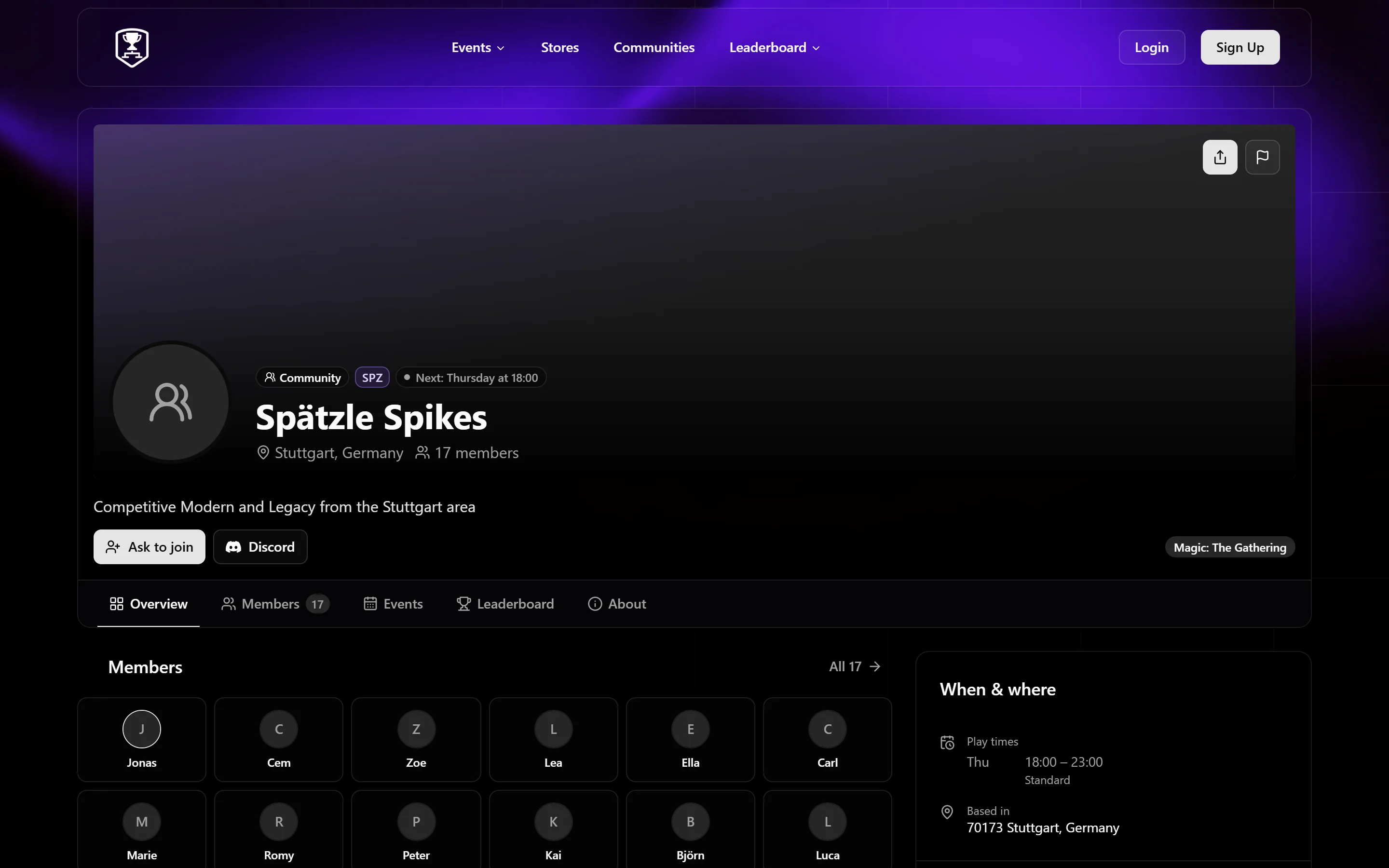 A community page with members, play times and events