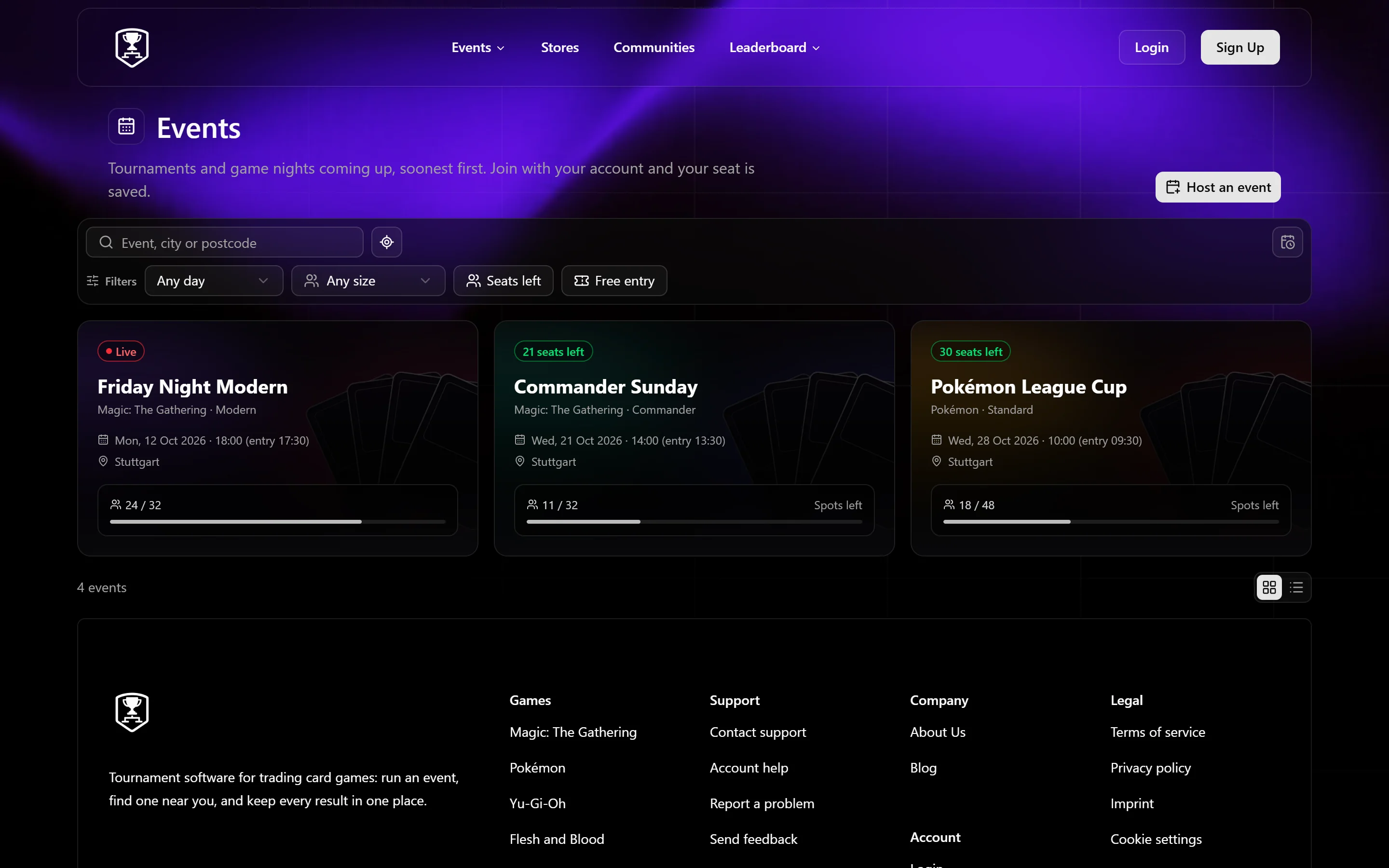 The event search with upcoming tournaments