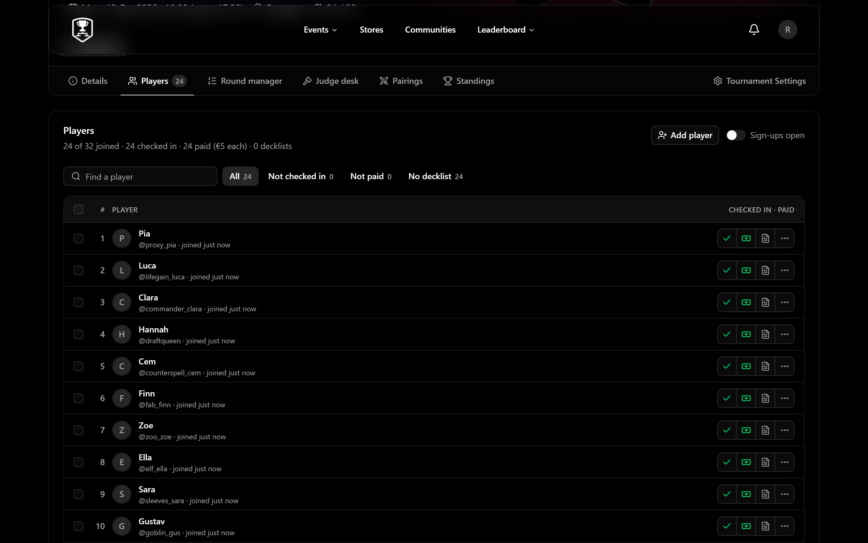The player list with check-in, payment and decklists
