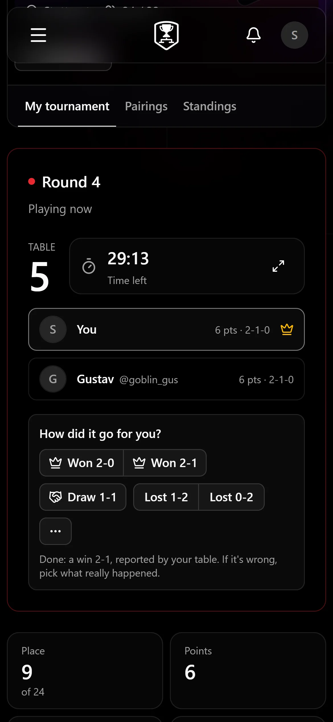 A player's view of round 4: table 5, the round clock and buttons to report the result